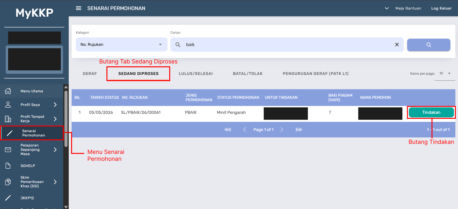 Contoh Paparan Status Permohonan Sedang Diproses
