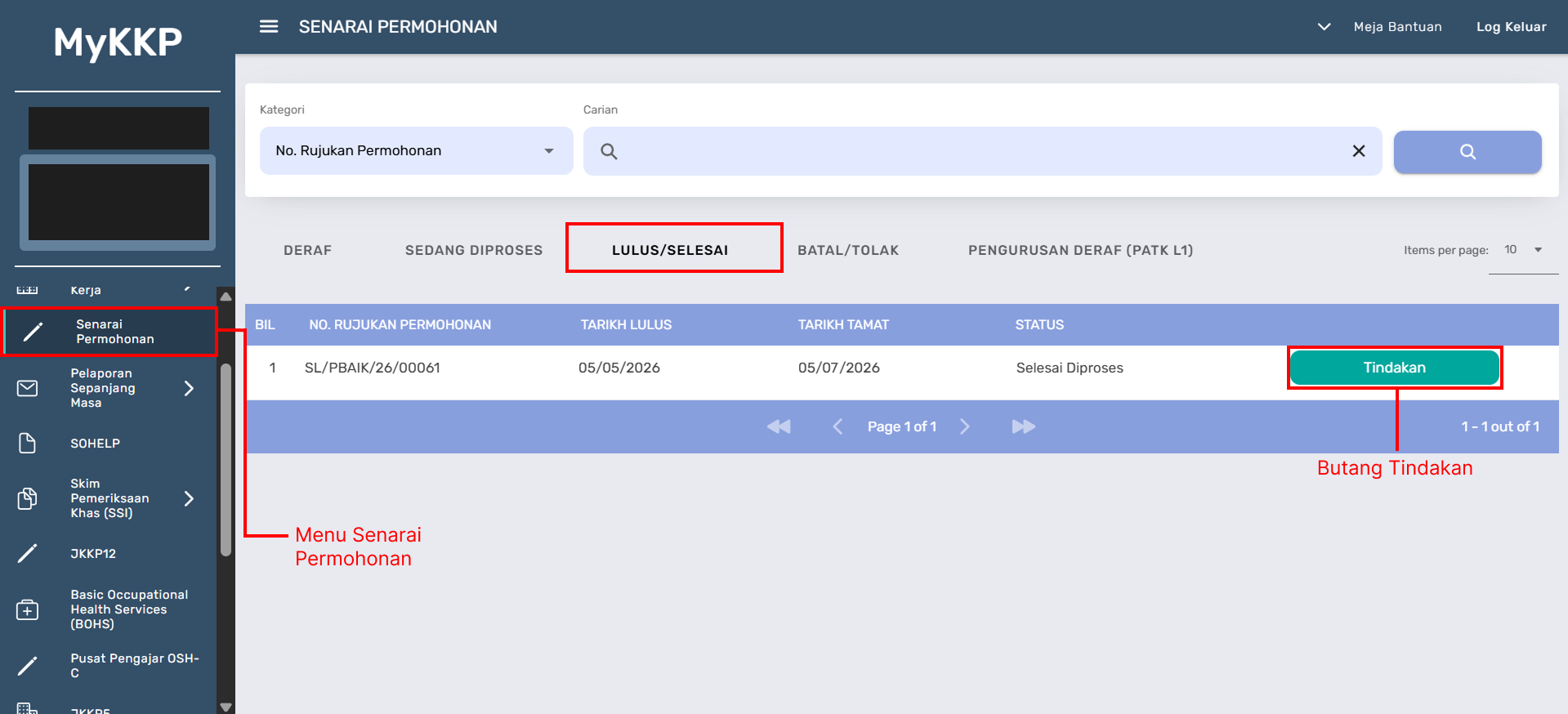 Contoh Paparan Status Permohonan Selesai Diproses