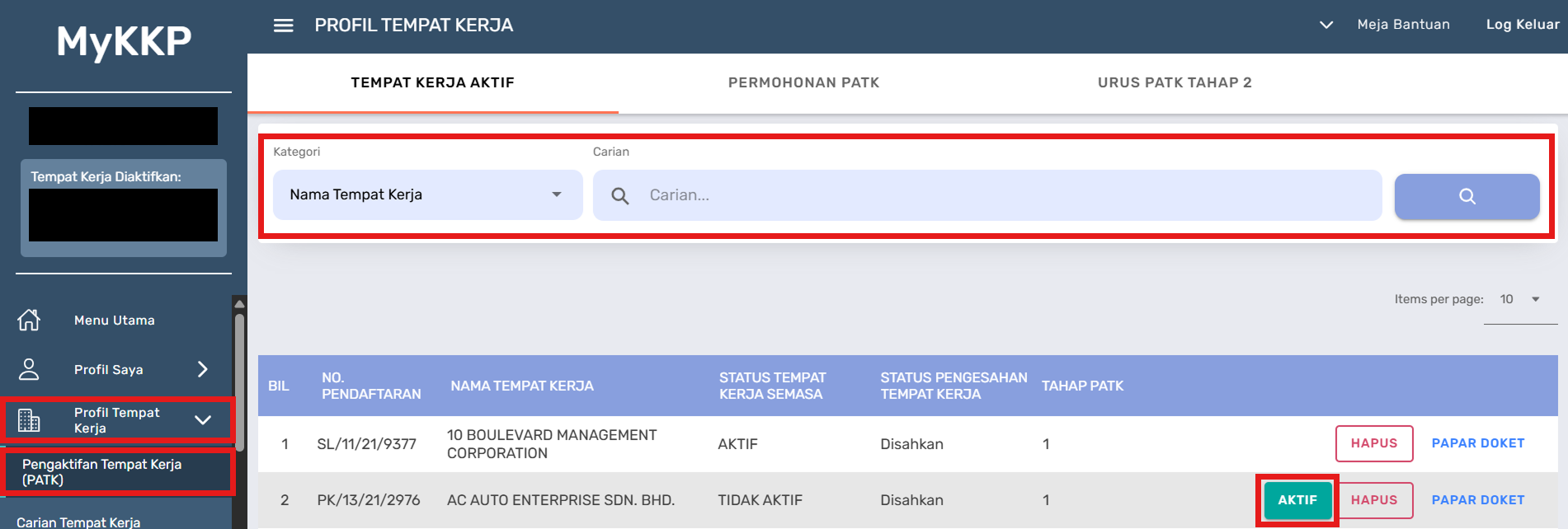 Halaman Profil Tempat Kerja