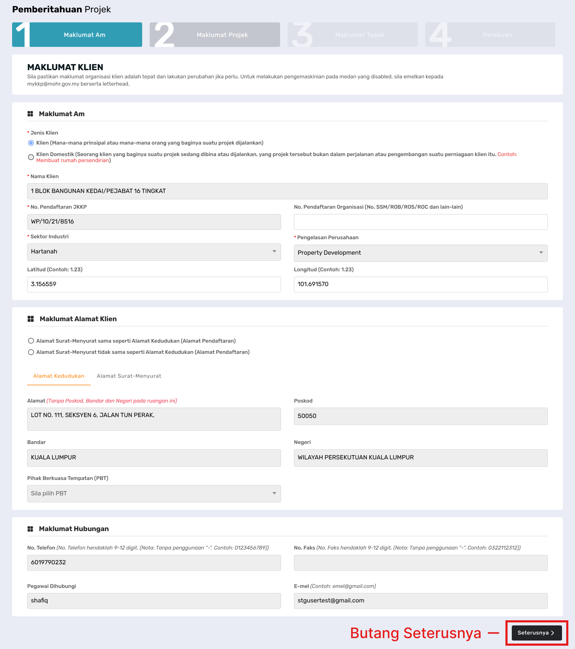 Tab 1: Pemberitahuan Projek